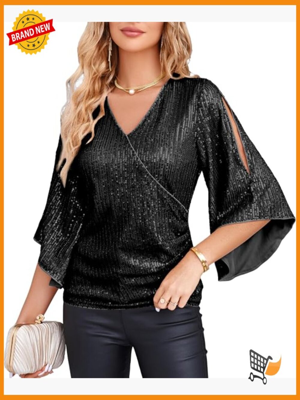 Sparkly Sequin V-Neck Top, 3/4 Bell Sleeves, Glitter Party Blouse